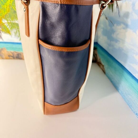 Coach F23683 Leather Legacy Stripe Tote Ivory Navy Brown Shoulder Bag - Picture 4 of 12